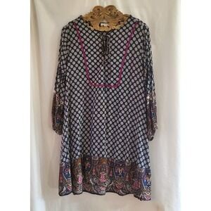 Umgee Dress Women's Size Medium Navy Peasant Boho 3/4 Sleeved Lace Up Front